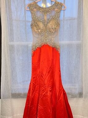 Cinderella Red Gown with Gold Beaded Illusion Bodice